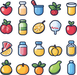 Set of colorful fruit and vegetable icons with fresh healthy food illustrations