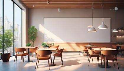 modern cafe interior with large blank wall and panoramic windows in daylight featuring minimalist furniture and clean architectural design ai generative