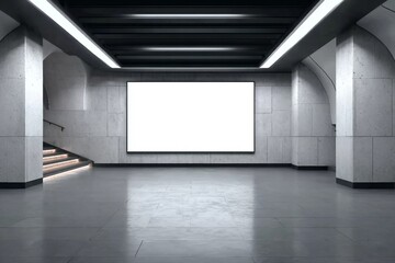 Obraz premium Modern underground passage with empty mock up banner, ceiling lamps and stairs. Subway tile wall. 3D Rendering