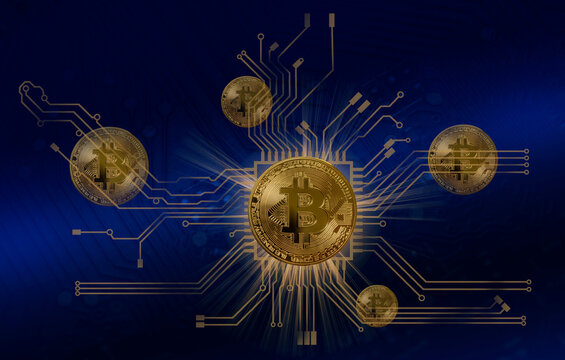Bitcoins against computer circuitry background