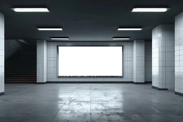Modern underground passage with empty mock up banner, ceiling lamps and stairs. Subway tile wall. 3D Rendering