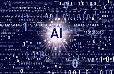 Binary numbers of varying sizes and AI symbol against dark blue background
