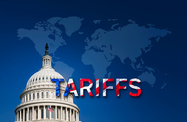 United States capital building with tariff sign and world map