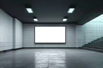 Obraz premium Modern underground passage with empty mock up banner, ceiling lamps and stairs. Subway tile wall. 3D Rendering