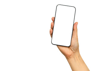 Asian woman holding smartphone in hand with blank screen isolated on white background with clipping...