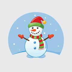 "Snowman with Red Hat, Green Scarf, and Snowflakes"