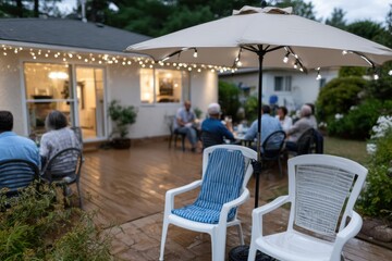Fototapeta premium A cozy evening gathering on a wooden deck, illuminated by warm string lights, creating a welcoming atmosphere for friends and family to enjoy their time together.