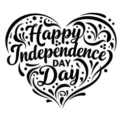 Fototapeta premium Happy Independence Day graphic design with decorative heart shape. Ornate typography displays the festive message in a bold, artistic style.