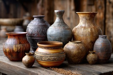 Various handcrafted ceramic pots displayed on wooden table at artisan workshop