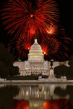 Fireworks over Capitol building at night