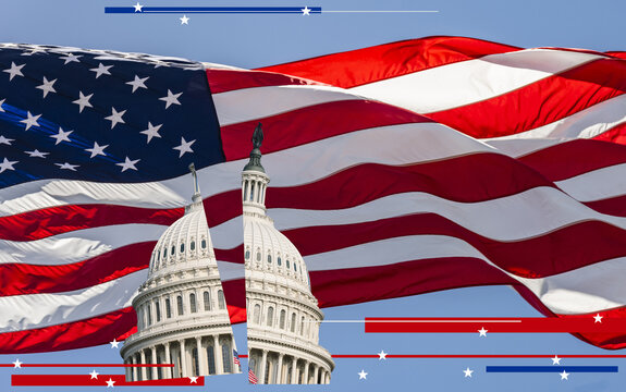 Broken Capitol building against American flag
