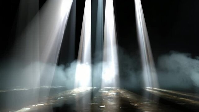 Powerful spotlights pierce through the fog on a dark stage, creating a dramatic atmosphere. An abstract background with directed light beams and smoke effects, creating volume and dynamics.