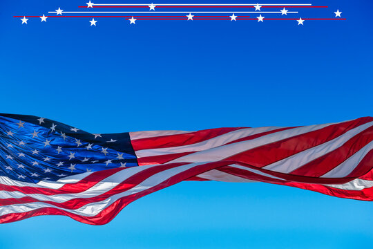 American flag flying against sky with graphic of stars above