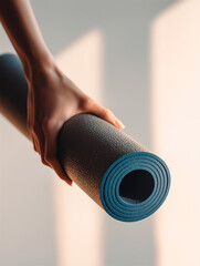 Woman’s Hand Holding Rolled Yoga Mat