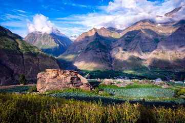 Mountain landscape with blue sky and clouds. Tandi is a picturesque village, situated at the...