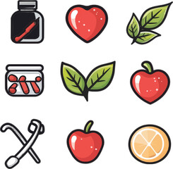 Set of food vector icons featuring apples and other fresh fruits in a healthy and colorful design