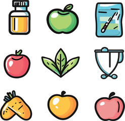 A clear and simple name for the image could be:
Healthy food and fruit icon set with apples bananas and other fresh cartoon illustrations