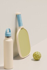 Pickleball paddle, ball, and water bottle ready for play. 3d rendering