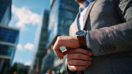Confident Businessman Checking Time on Wristwatch in Modern Cityscape