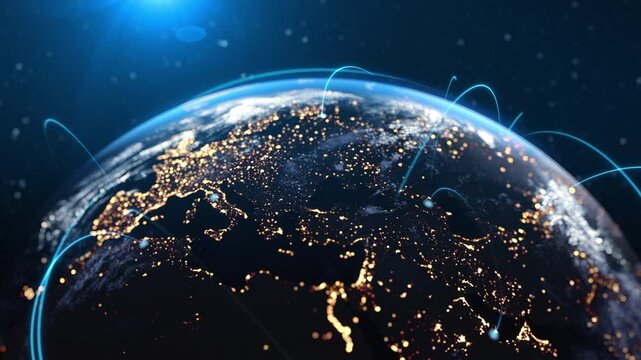 Globe Earth with Global Connection Lines. Network Data Transfer. Futuristic p2p Technology, 5G, Satellite Communication, Internet Connectivity, Big Data, Digital World Background Animation