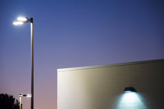 Exterior lighting on building at dusk