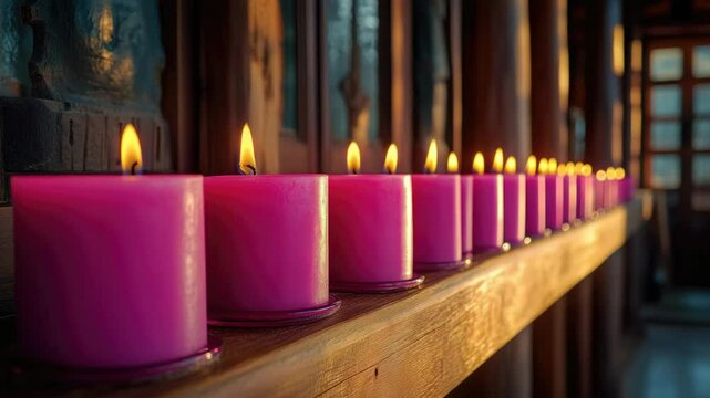Row of lit pink candles on an altar, symbolizing spirituality and devotion.