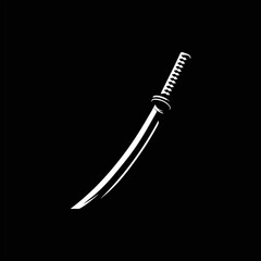 A minimalist illustration of a katana sword with a curved blade and detailed handle against a black background.