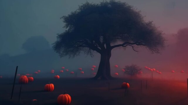 Visit a spooky twilight pumpkin patch with a glowing moon. Written story helloween time