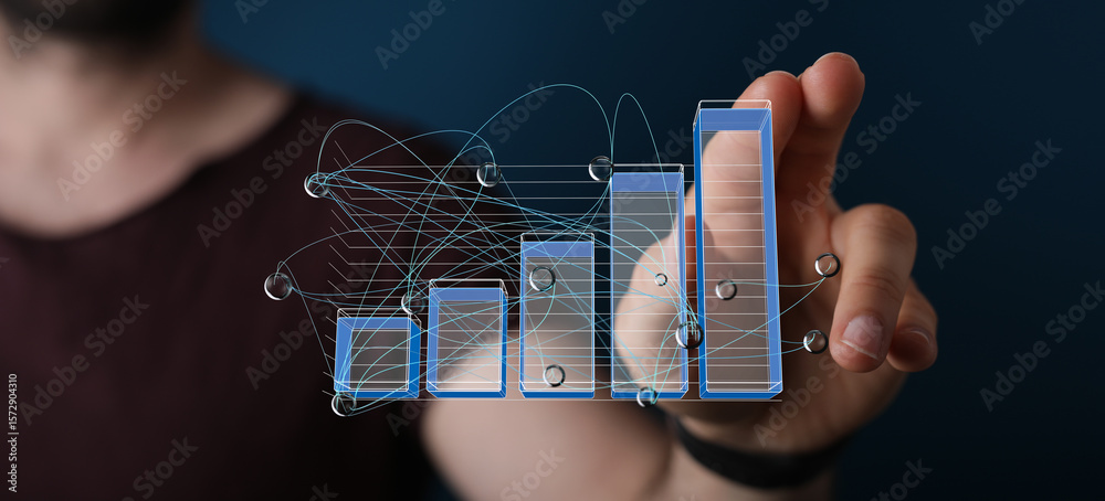 Poster man interacts with a digital bar graph showing business growth and data analysis.