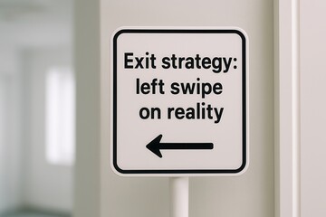 Fototapeta premium Exit strategy, left swipe on reality, funny sign showing direction to escape from problems