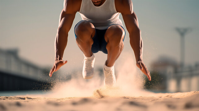 Male Athlete Performing Long Jump at a Stadium - Powered by Adobe