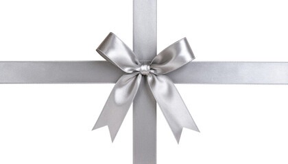 shiny silver gift ribbon with bow PNG, cutout isolated on transparent background