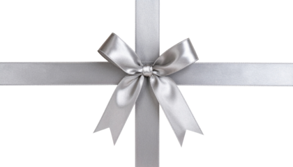 shiny silver gift ribbon with bow PNG, cutout isolated on transparent background