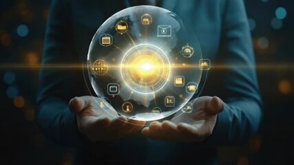 Hands holding glowing digital network and futuristic technology elements, with infinity sign in center. - Powered by Adobe