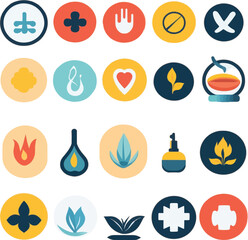 Holistic Icons: A curated selection of vibrant icons, designed in a modern and minimalist style, each with a unique emblem. They represent the essence of different concepts and ideas.