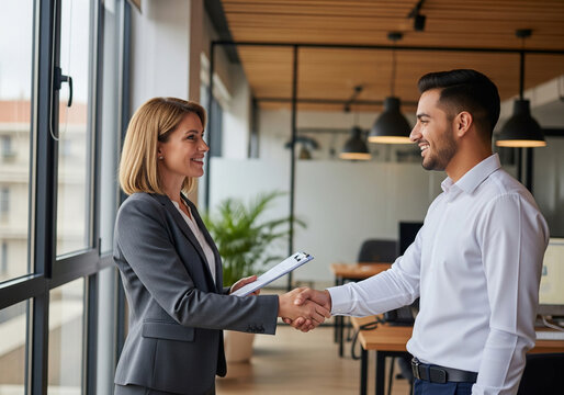 Business Meeting with Handshake Between Colleagues in Bright Modern Office – Partnership and Professional Interaction Concept