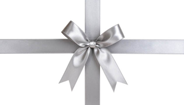 shiny silver gift ribbon with bow PNG, cutout isolated on transparent background