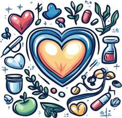 Vitality in Harmony: An artistic collection of symbolic elements radiates energy, with a striking central heart as the focal point, inviting contemplation on well-being. 