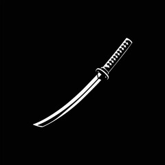 A stark white katana sword is displayed against a black background, showcasing its curved blade.