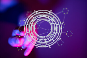 Futuristic digital dashboard.  Hand interacts with a glowing circular chart.