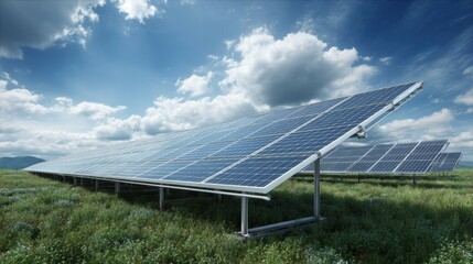 Solar panels in green field under bright blue sky on sunny day
