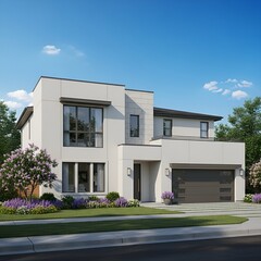 Fototapeta premium Contemporary Two Story Home with Clean Minimalist Design and Sunny Landscaped Exterior