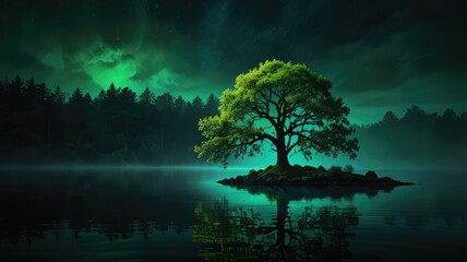 Fototapeta premium A solitary tree on a small island in a dark, serene lake at night, reflecting the vibrant green aurora.