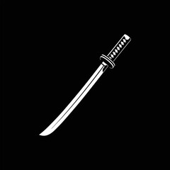 A white katana sword with a curved blade and detailed handle, isolated on a black background.
