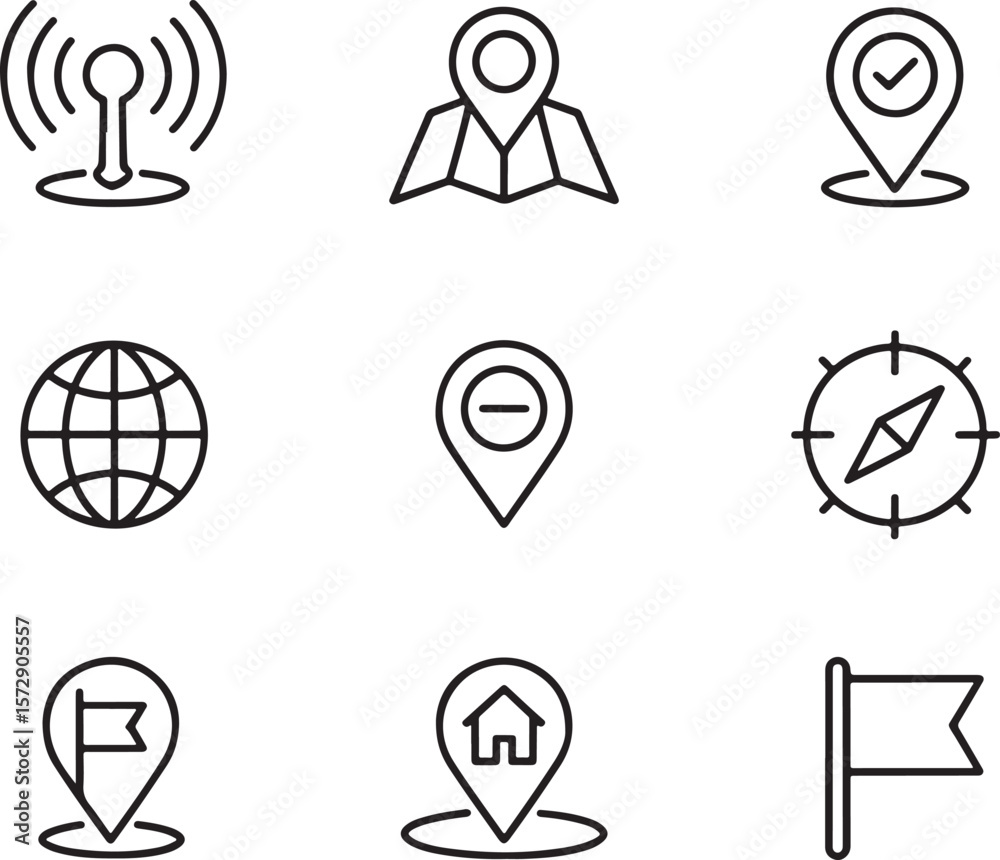 Poster navigation icons set line style with map pointer compass and globe featuring location destination an