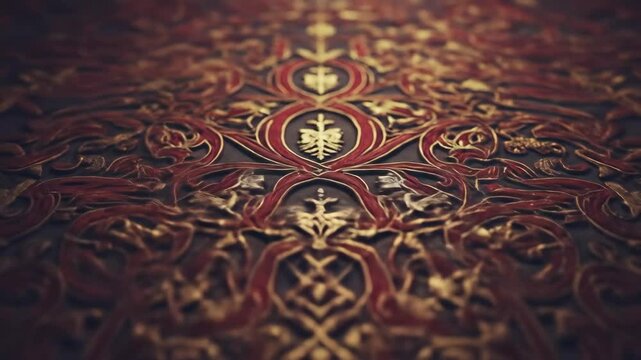 Detailed gold and red floral pattern, ornate decorative design with vintage style.