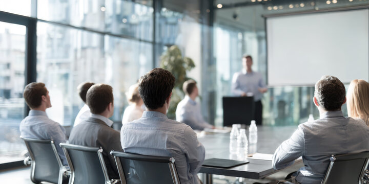 business conference meeting seminar, business people back view sitting audience listening to speaker, corporate learning communication event 