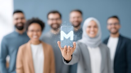 Professional team posing with fintech app floating behind them