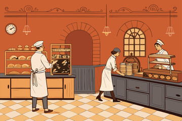 A vintage vector illustration depicting bakers in old-fashioned uniforms working in a traditional bakery.