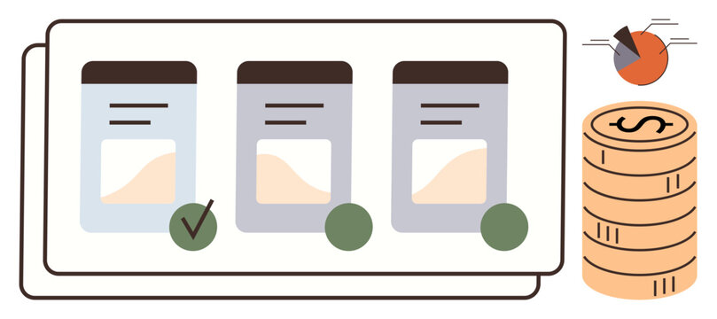 Product plan comparison with three cards, checkmark, pie chart, and coin stack. Ideal for pricing strategy, business choices, decision-making, cost analysis, marketing plans product management
